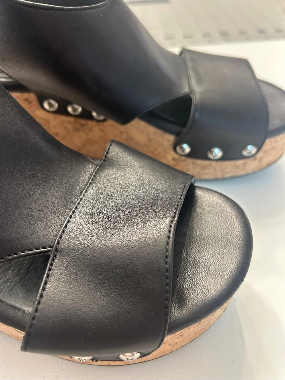 bussola Black Leather Cork Wedge Sandals
